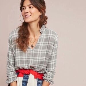 Anthropologie Cloth and Stone Gray and White Plaid Metallic Thread Blouse Size M